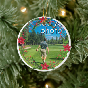 Ornamento De Cerâmica Golfing Wreath adiciona sua foto vermelha