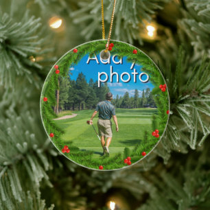 Ornamento De Cerâmica Golfing Wreath adiciona sua foto vermelha
