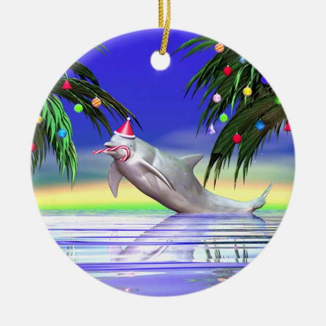 Ornamento De Cerâmica Golfinho de Natal tropical (Frente)