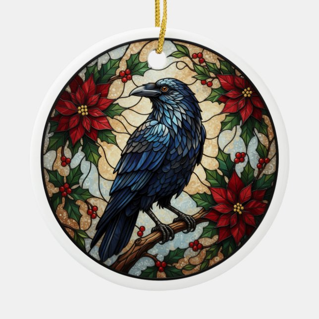 Ornamento De Cerâmica Gothic Christmas Raven Poinsettia Ceramic Ornament (Frente)