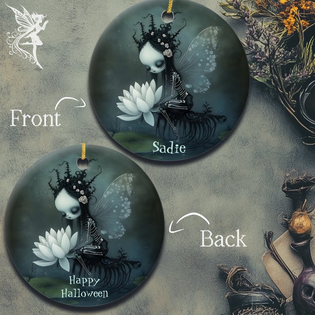 Ornamento De Cerâmica Gótica Dark Fantasy Fairy Skeleton Nome personaliz (Criador carregado)