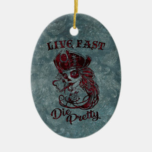 Ornamento De Cerâmica Gótica Pirata Skull Mulher Viva Fast Die Bonito