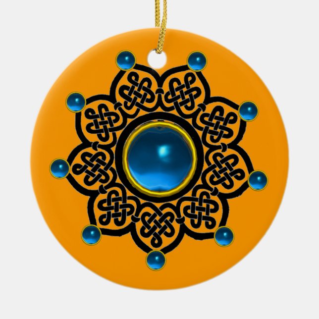 Ornamento De Cerâmica GÓTICO Azul Sapphire, Gemas Rubis Vermelhas (Frente)