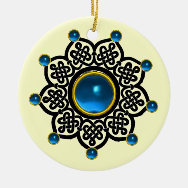 Ornamento De Cerâmica GÓTICO Azul Sapphire, Gemas Rubis Vermelhas (Frente)