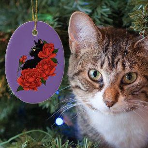 Ornamento De Cerâmica Gótico Gato Preto Rosas Vermelhas Roxo