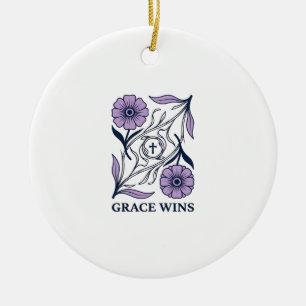 Ornamento De Cerâmica Grace Wins Floral Camiseta Cristã Vintage com Grav