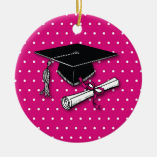 Ornamento De Cerâmica Graduação, Bolinhas Rosa, Diploma