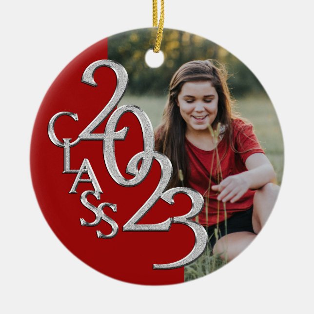 Ornamento De Cerâmica Graduação Classe 2023 Photo Red Silver (Frente)