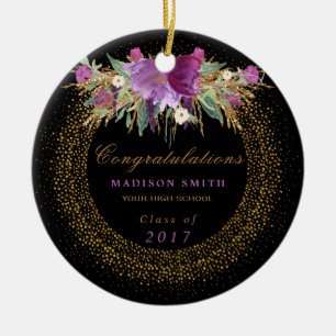 Ornamento De Cerâmica Graduação Confetti Dourado com Brilho de Aquarel