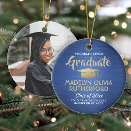 Ornamento De Cerâmica Graduação de Fotografias Parabéns Azul Azul Dourad