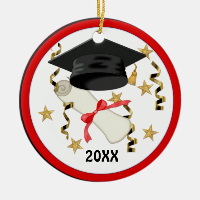 Ornamento De Cerâmica Graduação de Morteiro Azul e Diploma (Frente)