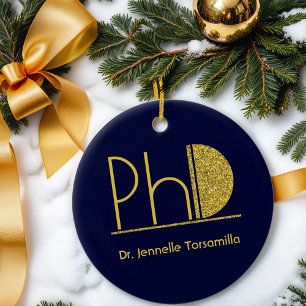 Ornamento De Cerâmica Graduação de PhD Azul com Brilho Dourado