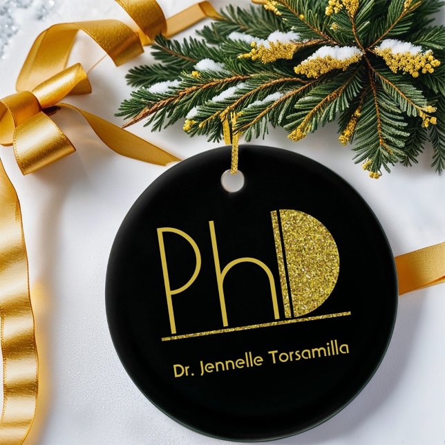 Ornamento De Cerâmica Graduação de PhD Preto com Largura Dourada (Gift this PhD keepsake ornament to your graduate.)
