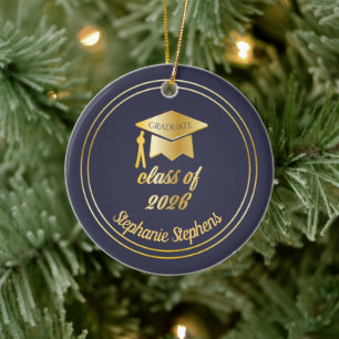 Ornamento De Cerâmica Graduação do Boné Dourado Azul - 2024