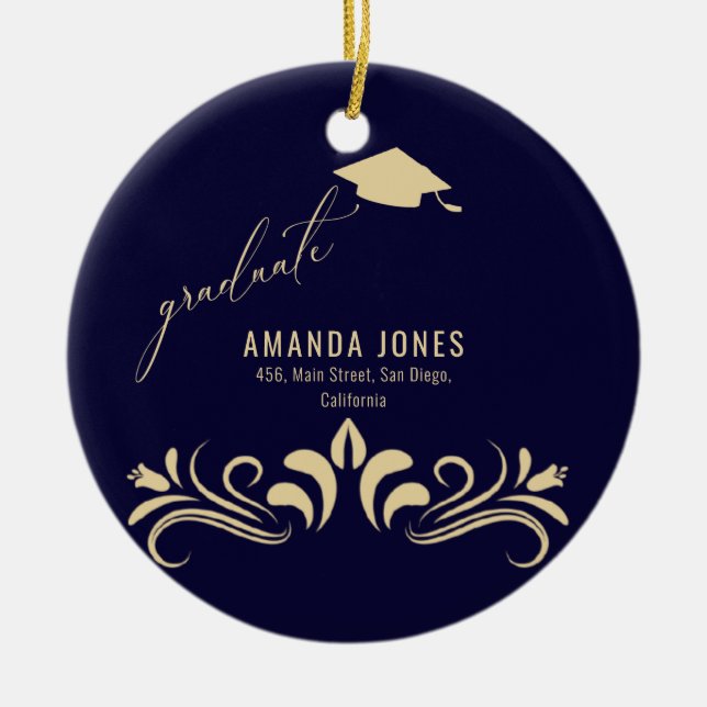 Ornamento De Cerâmica Graduação do Boné Dourado Azul do Marinho Moderno (Frente)