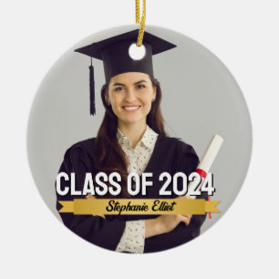 Ornamento De Cerâmica Graduação Dourada Fita Personalizada Classe de Ano