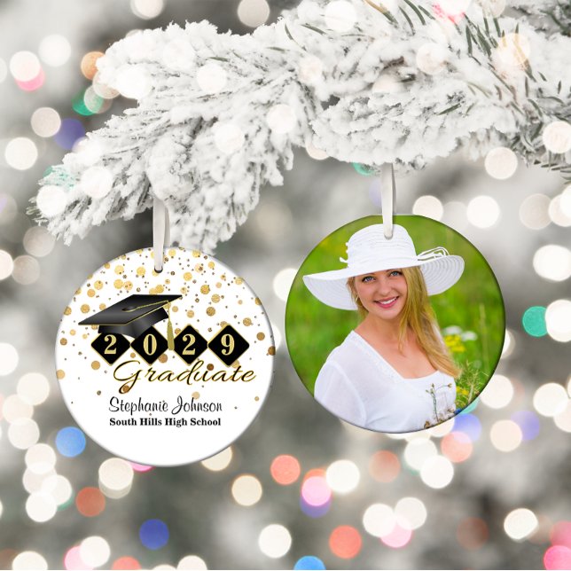 Ornamento De Cerâmica Graduação - Foto Preta e Dourada (Graduation Black and Gold Photo Ceramic Ornament)