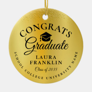 Ornamento De Cerâmica Graduação Parabéns Dourado Brilho Folha
