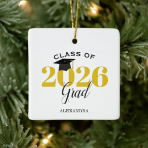 Ornamento De Cerâmica Graduado da Turma de 2026 Moderno Dourado e Preto