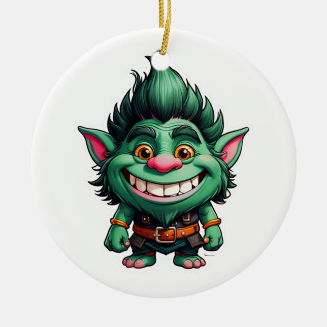 Ornamento De Cerâmica Gráfico feliz de Chibi Troll (Frente)