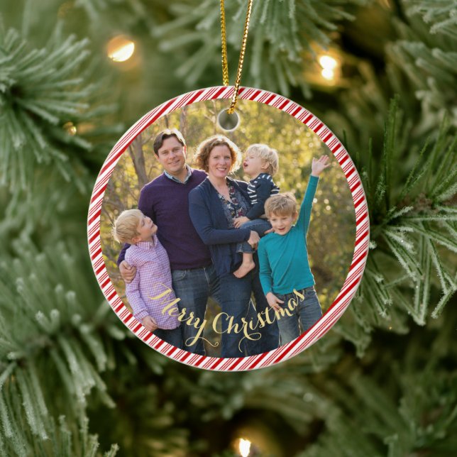 Ornamento De Cerâmica Grafo Vermelho-Branco-Cané-Stripe Foto Natal (Árvore)