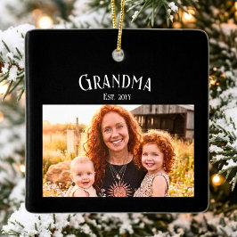Ornamento De Cerâmica Grandma Established Custom Name Year Photo Black