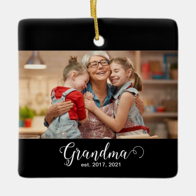 Ornamento De Cerâmica Grandma Established Script Gift Photo (Frente)