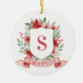Ornamento De Cerâmica Grandmillennial Holiday Crest | Christmas Monogram