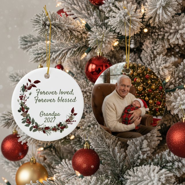 Ornamento De Cerâmica Grandpa Forever Blessed Christmas (Grandpa holiday photo ornament)