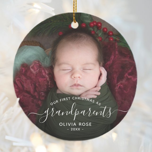 Ornamento De Cerâmica Grandparents First Christmas Photo White Script (Criador carregado)