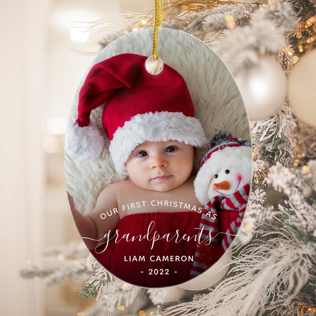 Ornamento De Cerâmica Grandparents First Christmas Photo White Script (Criador carregado)
