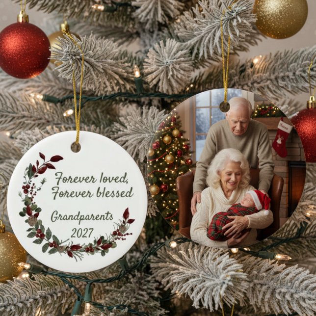 Ornamento De Cerâmica Grandparent's Forever Blessed Christmas (Grandparent photo Christmas ornament)