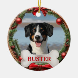 Ornamento De Cerâmica Grapevine Wreath Dog Photo Christmas Tree Ornament
