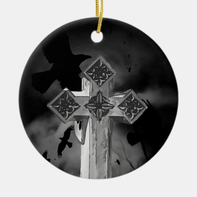 Ornamento De Cerâmica GraveYard Gothic Cross Luado com Corvos (Frente)