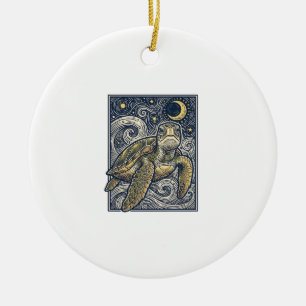 Ornamento De Cerâmica Gravura Antiga Tartaruga Marinha Noite Estrelada