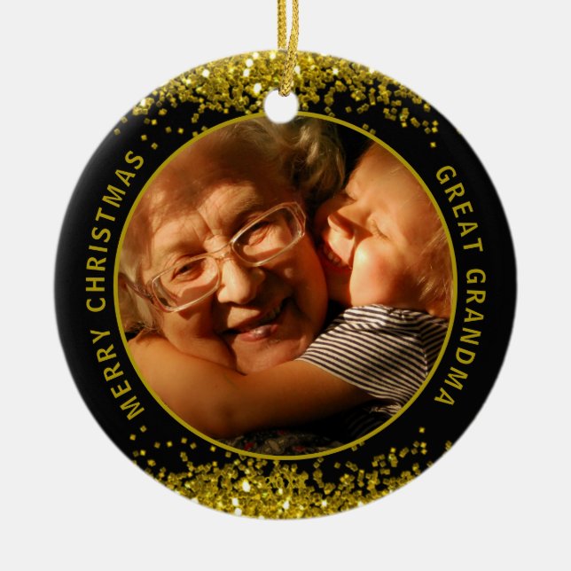 Ornamento De Cerâmica Great Grandma Photo Black Gold Merry Christmas  (Frente)