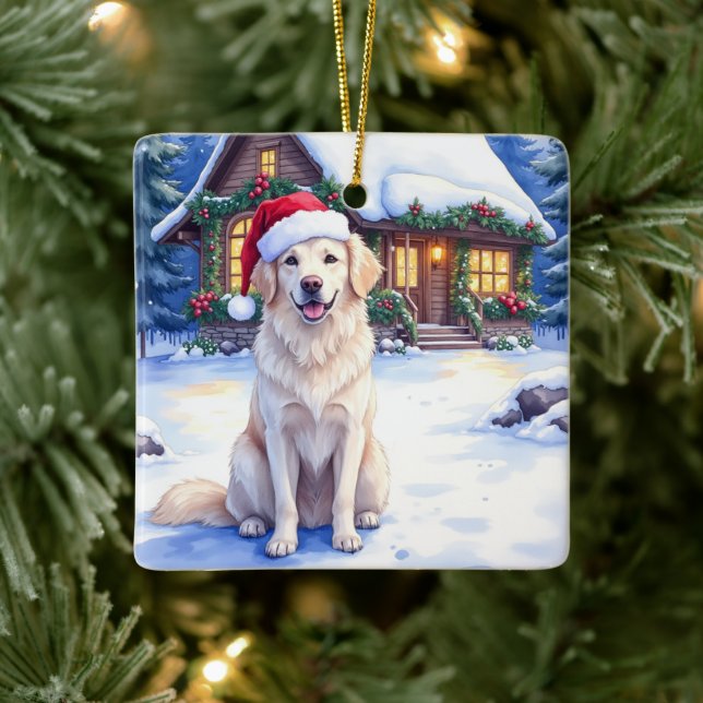 Ornamento De Cerâmica Great Pyrenees Snowy Mountain Lodge Santa Hat (Árvore)