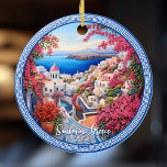 Ornamento De Cerâmica Grécia Santorini Bougainvillea Pintura Viagem<br><div class="desc">Pintura de Bougainvillea,  Grécia da Ilha Santorini | Ornamento cerâmico de viagem art. Personalize com seu próprio texto.</div>