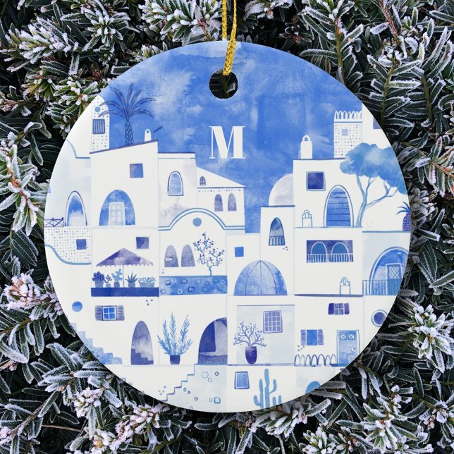 Ornamento De Cerâmica Grécia Santorini Monograma Aquarela (Monogram initial Santorini blue and white watercolor art ceramic ornament)
