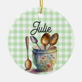 Ornamento De Cerâmica "Green and White Checkered - Spoons in Cup