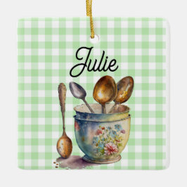 Ornamento De Cerâmica "Green and White Checkered - Spoons in Cup