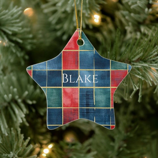 Ornamento De Cerâmica Green Blue Red Gold Plaid Stripes Christmas (Árvore)