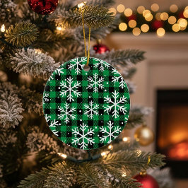 Ornamento De Cerâmica Green Buffalo Plaid Snowflake