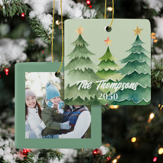 Ornamento De Cerâmica Green Christmas Tree Photo Holiday Custom
