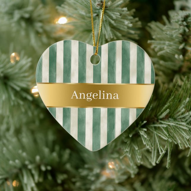 Ornamento De Cerâmica Green Cream White Stripes Gold Ribbon Christmas (Árvore)