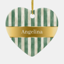 Ornamento De Cerâmica Green Cream White Stripes Gold Ribbon Christmas