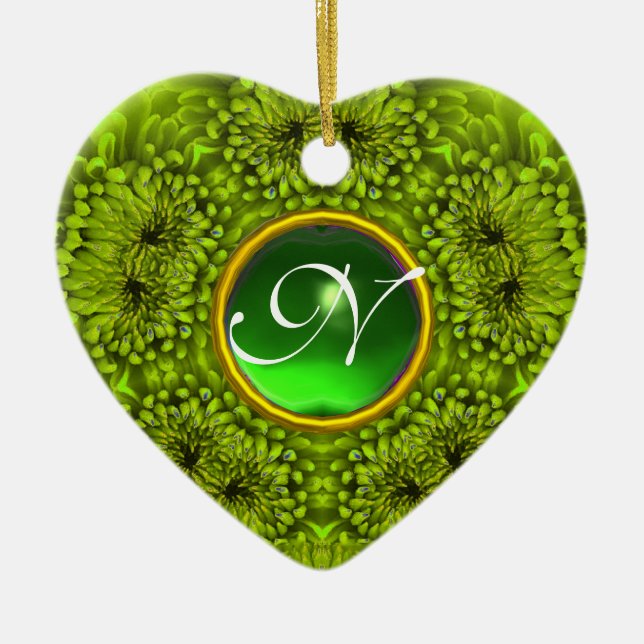 Ornamento De Cerâmica GREEN DAHLIA EMERALD MONOGRAM Heart (Frente)