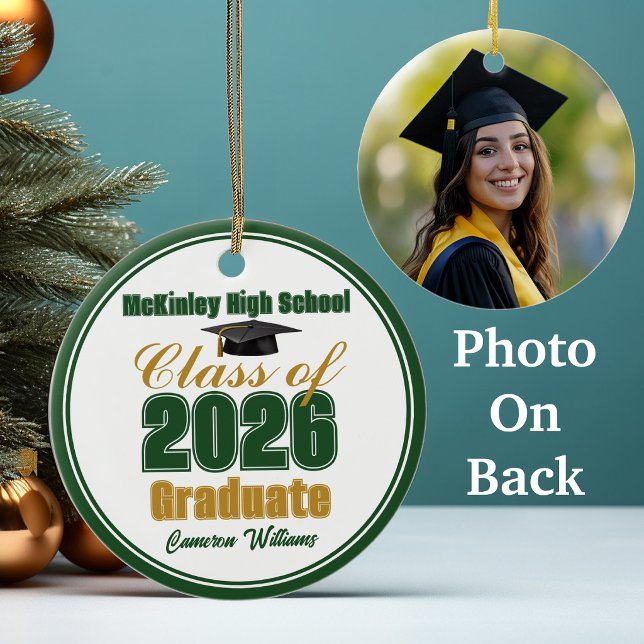 Ornamento De Cerâmica Green Gold Class of 2026 Graduation Photo (Criador carregado)