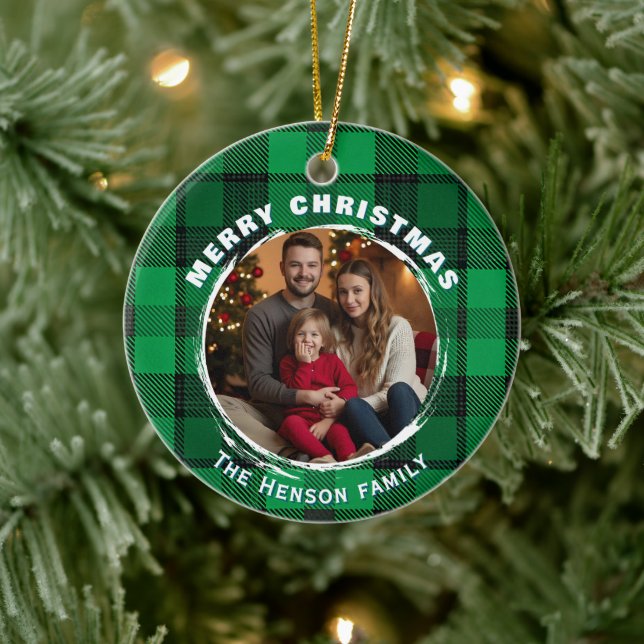 Ornamento De Cerâmica Green Personalized Family Photo Plaid Pattern  (Árvore)
