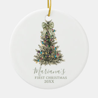 Ornamento De Cerâmica Green Sage Bow Pine Trees First Christmas